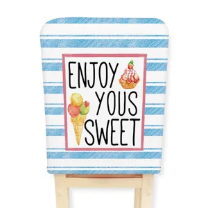 Blue and white striped elastic chair cover with sweet ice cream print for home decor.