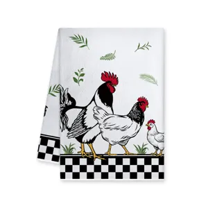 Strofinaccio da cucina con gallo in stile rustico e bordo a scacchi bianchi e neri morbido
