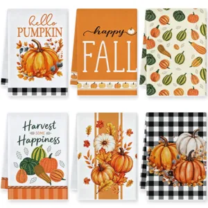 Serviette de Cuisine en Microfibre Imprimé Carreaux Citrouille d'Automne Décoration de Fête des Moissons Nettoyage Absorbant