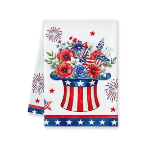 Amerikaanse Onafhankelijkheidsdag patriottische keukendoek detail, hoge hoed en sterren patroon.