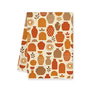 Retro Boho Küchentuch mit Terracotta Vasen und Sonnen Muster, saugfähiges Geschirrtuch.