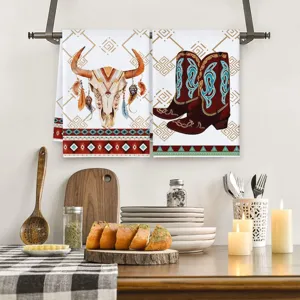 Asciugamani da cucina western con stivali da cowboy e teschio, strofinacci geometrici bohémien.