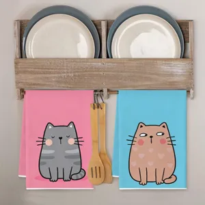 Toalla de cocina de microfibra con gato de dibujos animados, pano de mano absorbente.