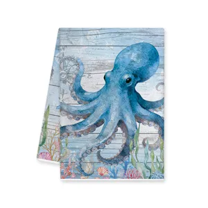 Keukendoek detail met oceaan zeebewoners print, octopus aquarel ontwerp absorberende vaatdoek.