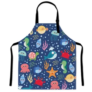 Cute cartoon ocean animals apron with double pockets and adjustable neck strap for kitchen.