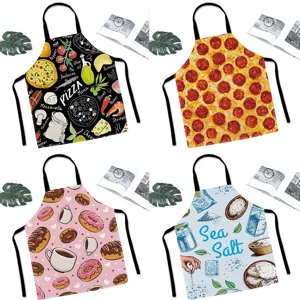 Cartoon Fast Food Pizza Pattern Linen Apron Household Kitchen Cooking Baking Chef Apron For Family Adult Kids