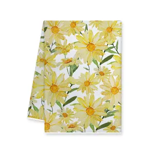 Watercolor daisy kitchen hand towel, summer floral yellow sunflower home textile detail view.