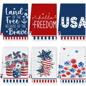 Details van Amerikaanse Onafhankelijkheidsdag keukendoeken met rode blauwe sterren bloemenprint.
