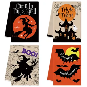Halloween kitchen dish towels set of four with cute witch, ghost, and bat prints for festive decor.
