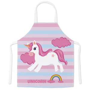 Cute cartoon unicorn printed apron with blue pink stripes, perfect for home cooking and baking.
