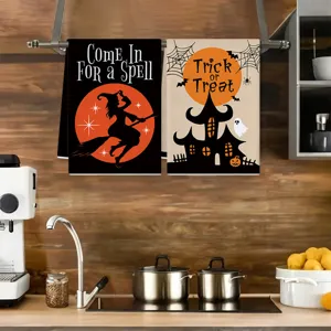 Halloween kitchen towel set with cute witch and haunted house design for holiday decor.