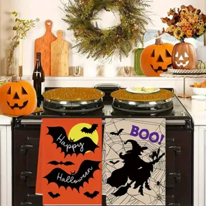 Halloween kitchen towels set, funny witch and bat printed dish towel for holiday home decor.