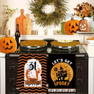 Halloween Kuechentuecher und Herdabdeckungen Set mit gruseligen Schlossmotiven und Print.