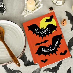 Halloween orange kitchen dishcloth with cute bat pattern festive table decor towel
