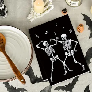 Πετσέτα κουζίνας με σκελετό Halloween αστεία χορευτικά σκελετάκια μαύρο πανί καθαρισμού