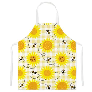Cute sunflower bee printed apron, yellow checkered kitchen cooking baking sleeveless workwear.