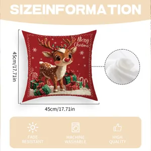 Christmas red pillow cover 45x45cm with cute reindeer and gifts print, soft flannel fabric.