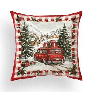 Christmas tapestry cushion cover featuring a vintage red car and snowy village design.