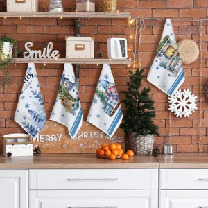 Canovacci da cucina natalizi strofinacci blu stampati festivi asciugamani tavola.