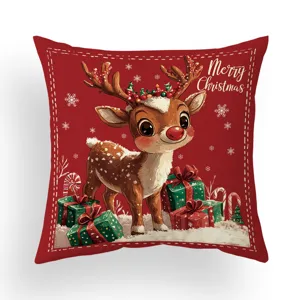 Christmas throw pillow cover red plush cushion case featuring cute reindeer and gifts.
