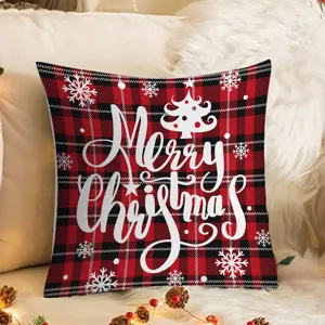 Christmas buffalo plaid throw pillow cover with white snowflake and Merry Christmas tree text.