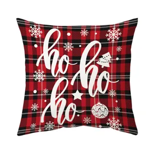 Christmas red and black buffalo plaid throw pillow cover with white ho ho ho text design