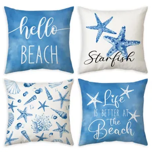 Fodera per Cuscino Decorativa in Velluto Pelle di Pesca Vita Marina Costiera Conchiglie Stella Marina Blu