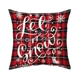 Christmas red and black buffalo plaid throw pillow cover with let it snow holiday design.