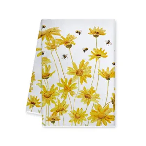 Absaugendes Kuechenhandtuch mit Aquarell Sonnenblumen und Bienen Motiv fuer die Dekoration.