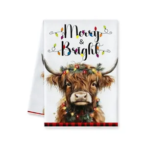 Kerst Hooglandse koe keukentheedoek, feestelijke Merry Bright vaatwas- en handdroogdoek.