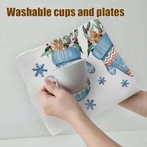 Vista dettagliata del tappetino da cucina natalizio, stampa festiva blu con bellissimi motivi.