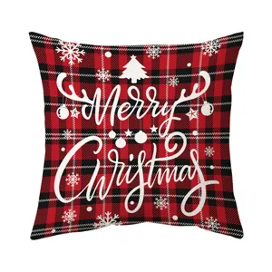 Christmas red black plaid throw pillow cover, festive holiday decorative cushion case detail.