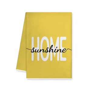Gelbes Kuechentuch mit HOME sunshine Druck, saugfaehiges Baumwolltextil fuer die Heimdekoration.