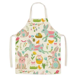 Easter printed linen-like kitchen apron for cooking, baking, household cleaning tasks.