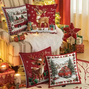Christmas Pillow Cover Red Velvet Cushion Case Festive Holiday Cute Deer Snow Tree Print Home Sofa Decor