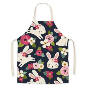 Easter cute bunny floral kitchen apron, linen fabric anti-fouling cooking bib for home use.