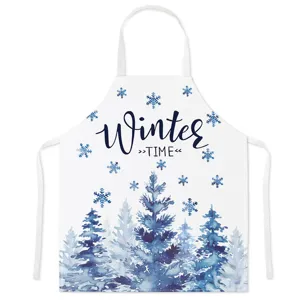 Christmas winter snow tree kitchen apron, blue watercolor holiday cooking bib apron.