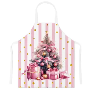 Pink stripe Christmas tree kitchen apron, festive holiday cooking baking bib for home use.