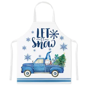 Christmas kitchen apron with blue truck and gnome, festive holiday cooking bib for home use.