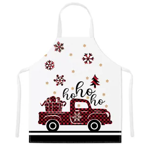 Christmas buffalo plaid truck kitchen apron with gift and snowflake patterns for cooking.