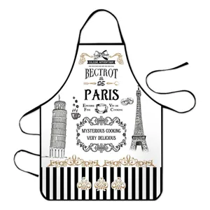 French vintage style kitchen apron with black white stripes and Eiffel Tower print for cooking.