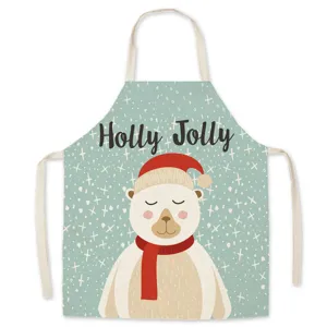 Christmas linen apron festive cute bear print holiday kitchen cooking bib adult children cover up