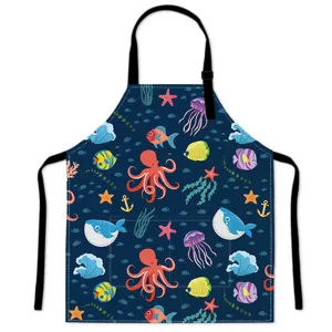 Cartoon ocean animal print kitchen apron with adjustable neck strap and double front pockets.