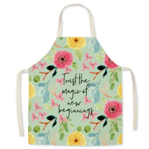Floral pattern linen kitchen apron with inspiring quote, comfortable cooking bib for home.