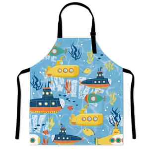 Cartoon ocean submarine print kitchen apron with adjustable neck strap and dual pockets