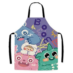 Waterproof kitchen apron with cute cartoon monster print, durable fabric, sleeveless cooking bib.