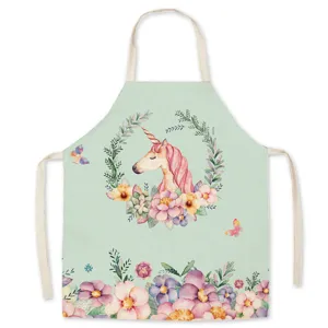 Mint green linen apron with watercolor unicorn and floral print for kitchen and cleaning use