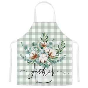 Kitchen apron with green plaid and watercolor cotton eucalyptus botanical floral print.