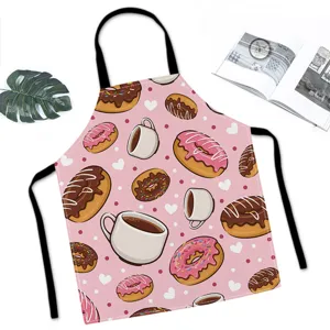 Cute cartoon donut print kitchen apron for cooking, baking, home, and restaurant use.