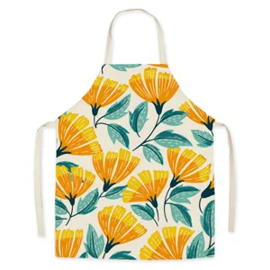 Katoen linnen keuken schort met gele bloemen print, comfortabele kookslab.